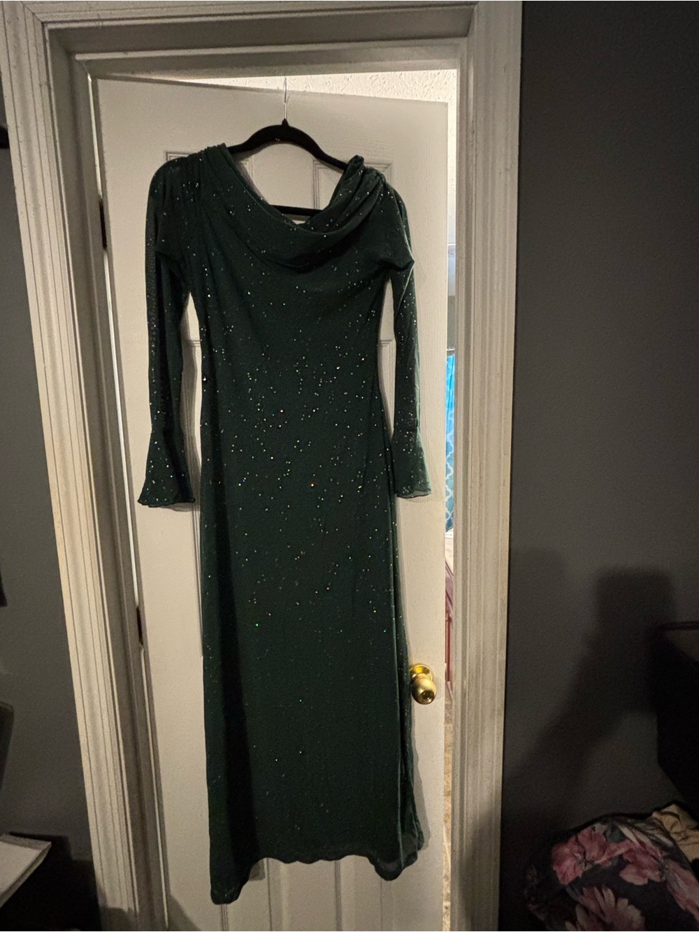 Marthea Dark Green Sparkle Cowl Neck Long Sleeve Dress Small